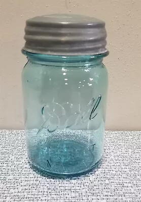 Vintage C.1923-1933 BALL PERFECT MASON AQUA BLUE PINT Canning JAR #3 W/ Zinc Lid • $6.95