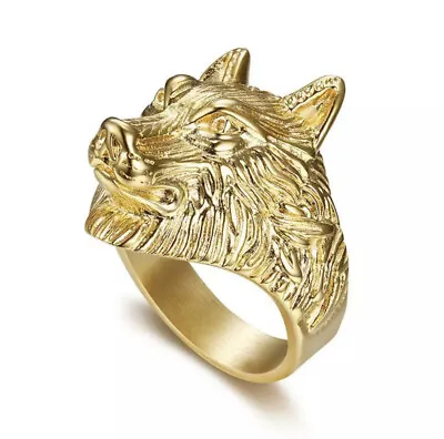 $30 • Buy Wolf Head Ring Titanium Retro Punk Rock Animal Jewelry Gold Color Man Women 