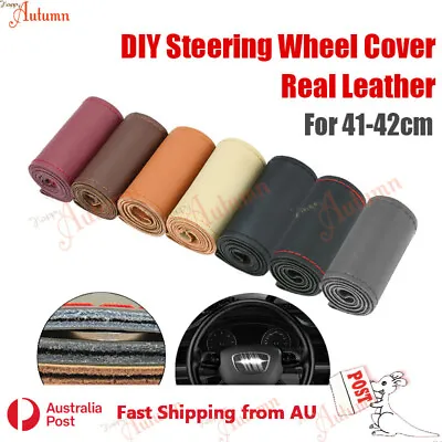 Real Cow Leather DIY Car Steering Wheel Cover Van Plain Glossy Truck 41cm 42cm • $22.99