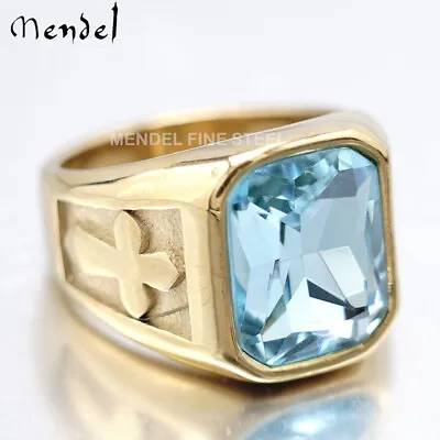 MENDEL Mens Gold Plated Cross Blue Aquamarine Stone Ring Men S-Steel Size 7-15 • $12.99