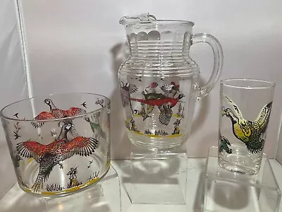 Vintage 1950’s Hazel-Atlas Clear Glass Fowl Pheasant Pitcher Ice Bucket Glass 3 • $29.99