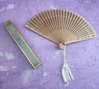 Vintage Sandalwood Japanese Folding Hand Fan Filigree Tassel In Glass Topped Box • $19.99