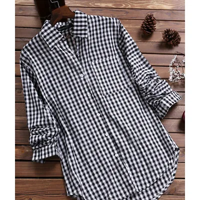 Plus Size Womens Ladies Long Sleeve Check Plaid Loose Casual Shirt Tops Blouse • £13.99