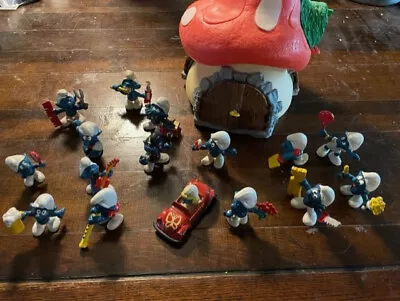 VINTAGE Smurf Mushroom House  With BOX And 16 Smurfs (see List) • $95