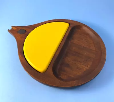 Vintage MCM Serv Wood Cheese Tray With Yellow Enamel Insert • $12.95