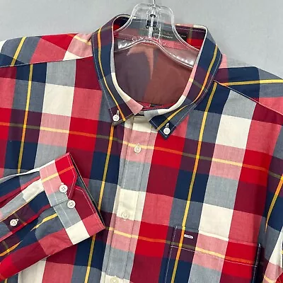 Barbour Shirt Mens Large Button Up Steve McQueen Navy Blue Red Check Plaid USA • $33.74