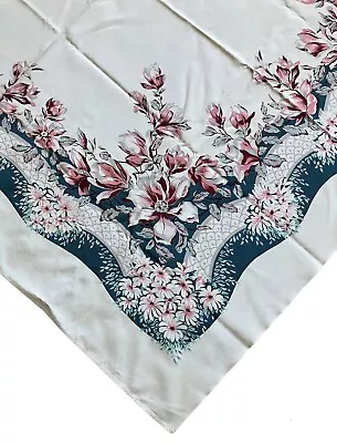 Vtg California Handprint Floral Rayon Tablecloth 52 X 63 Rectangle Burgundy Teal • $59.97