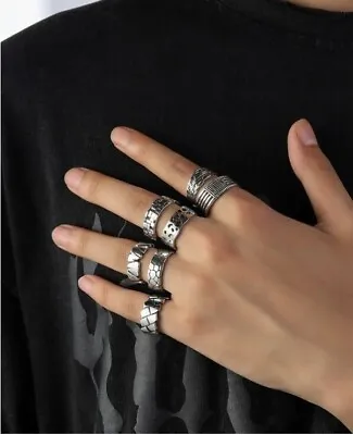 7pcs Set Men's Modern Silver Textured Detail Decor Ring Size P S V Adjustable • £6.99