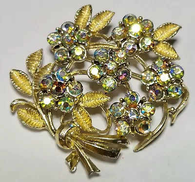 Vintage Coro AB Rhinestone  Brooch Pin Floral Textured Leaves Gold Tone Signed • $19.95