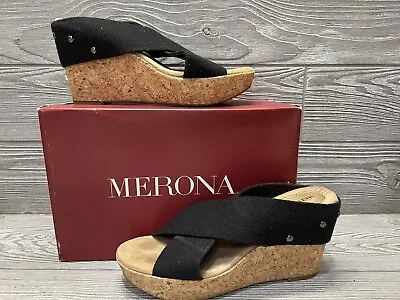 MERONA Womens Slip-On Elastic Strappy Sandals Black Wedge Cork Size 8.5 M • $17.99