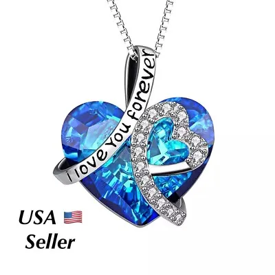  I Love You Forever  Silver Heart Crystal Pendant Necklace Christmas Gift N8 • $8.95