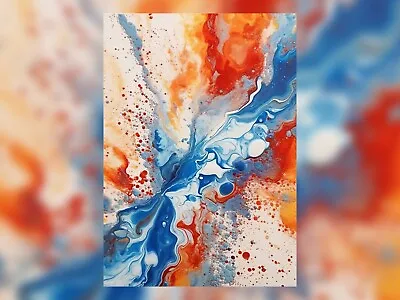 Dancing Colors: Blue Orange And White Acrylic Abstract Pour Painting Print 5x7 • £5.99