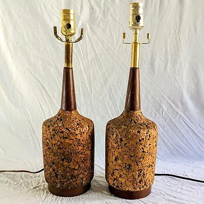 Vintage Cork And Wood Table Lamp Pair Mid Century Modern Danish 18  • $250