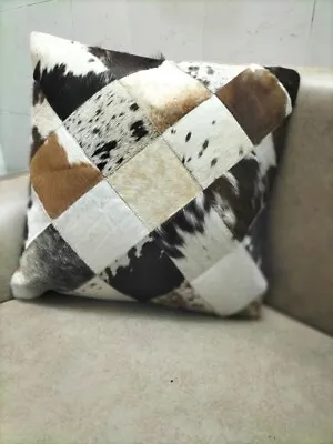 Cow Hide Leather Cushion Cover Cowhide Hairon Patchwork Pillow Cover (18 X18 ) • £17