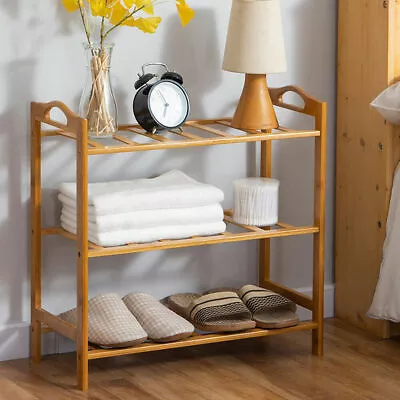 3 Tier Wooden Shoe Rack Bamboo Shoe Stand Wardrobe Organiser Storage Unit • £14.99