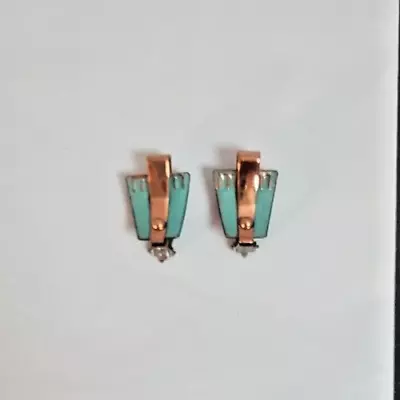 P ~ Vtg Signed Matisse Renoir Blue Turquoise Enamel & Copper Clip On Earrings • $29.99