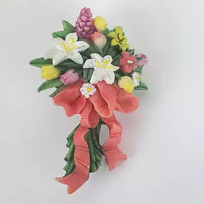 Vintage Painted Resin Flowers Floral Bouquet Multicolor Ribbon Spring Brooch Pin • $16.19