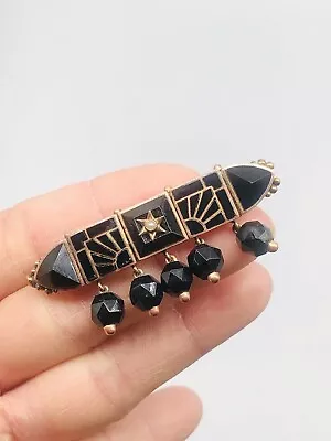 Vtg Antique Victorian Mourning Jewelry Black & Seed Pearl Bar Charms Pin Brooch • $145