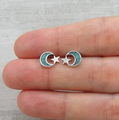 925 Sterling Silver And Turquoise Moon And Star Celestial Post Stud Earrings • $13.95