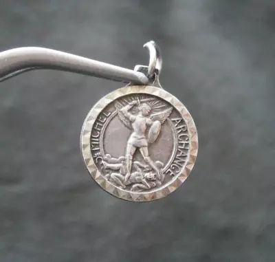 Small French Archangel St Michael Vintage Sterling Silver Religious Medal Charm • $28.50