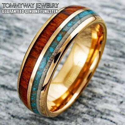 Rose Gold Plated Tungsten Mens Koa Wood Turquoise Deer Antler Wedding Band Ring • $23.99