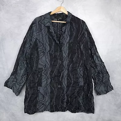 Liv By Habitat Jacket Womens XL Gray Black Striped Crinkle Button Up Pockets • $48.88