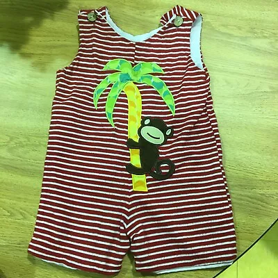 18 Mo La Jenns  Brand Red Striped Appliqué Monkey Palm Tree One Piece • $16