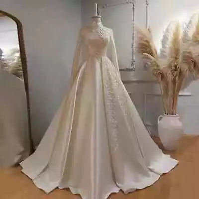 Elegant Satin Wedding Dresses Muslim High Neck Long Sleeves A Line Bridal Gowns  • $145.90