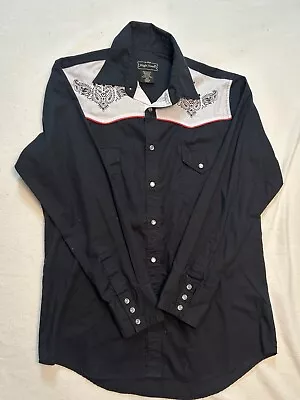 High Noon Shirt Mens M Black White Western Pearl Snap Long Sleeve Embroidered • $20.87
