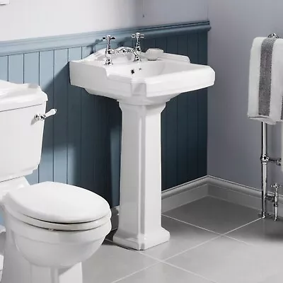 Nuie Legend 590mm Full Pedestal Traditional Basin 2 Tap Holes Bathroom Sink • £119.95