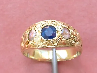 ART NOUVEAU .75ct SAPPHIRE ROSE DIAMOND 18K UNISEX MENS 3-STONE RING 1910 Sz11.5 • $1359