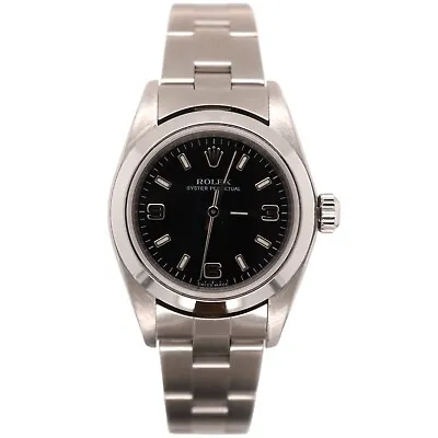 Rolex Oyster Perpetual 25mm Steel Watch Black Arabic Dial Papers 76080 • $5687.78