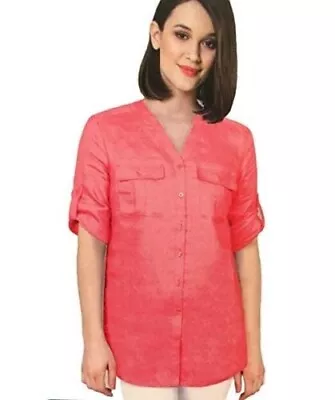 Nicole Miller Women's Calypso Coral Linen Button Up Top XL 16/18 • $14.95