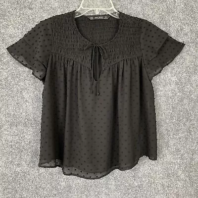 Zara Basic Semi Sheer Black Swiss Dot Top Women XS Ruffle Short Sleeve Smocking • $17.59