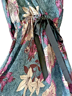 Karen Millen Teal Floral Faux Wrap Satin Tie Mini Dress. Size UK 6/8 • £39.99