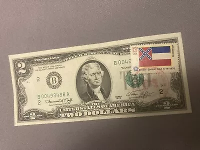 Very Rare US $2 Two Dollar Bill With Bicentennial Era Mississippi Stamp • £19.99