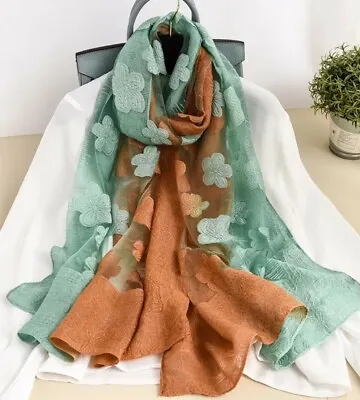 Ladies Brown Tan Design Print  Embroidered  Long Summer Sheer Neck Scarf Shawl • £26.90