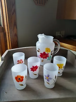 Vintage Small Frosted Glass  Painted Pitcher With 5 Matching Juice Glasses • $34.99