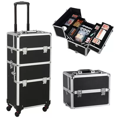 3 In 1 Pro Aluminum Rolling Makeup Case Cosmetic Trolley On Wheels Black Used • $49.99