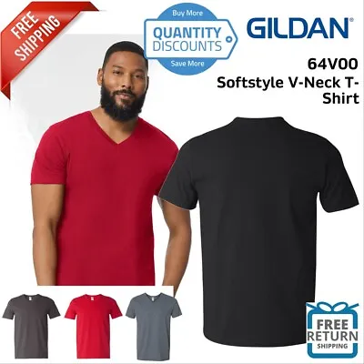 Gildan Mens Blank Short Sleeve Cotton Softstyle V-Neck T Shirt 64V00 Up To 3XL • $12.79
