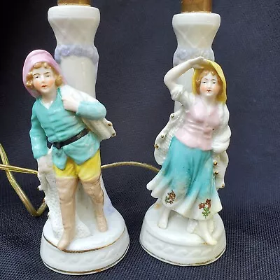 Antique EAGLE Porcelain Boudoir Lamps Jack Jill Figurine Set - WORKS - NO SHADES • $49.95