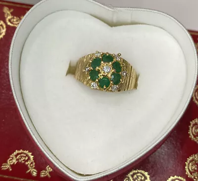 14k Yellow Gold Emerald Diamond Antique Halo Flower Art Deco Vintage Ring 5 1/4 • $399.50