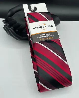 VAN HEUSEN Stain Shield Defense Men's Tie ~ Red ~ Striped ~ X-LONG ~ MSRP: $50. • $14.99