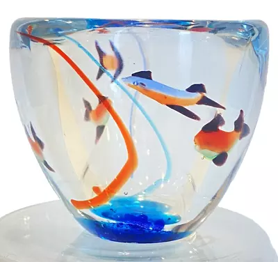 VTG Murano? Art Glass Vase Fish Aquarium Blue W Orange Koi Thick Hand Blown Bowl • $29.75