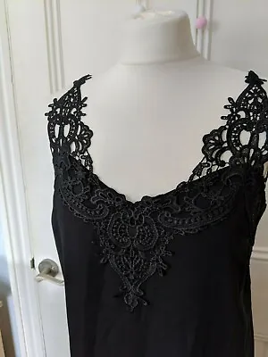 OASIS Black Slip Dress Size 10 Chemise Black Lace Strappy Lined Sexy Wiggle • £18.99