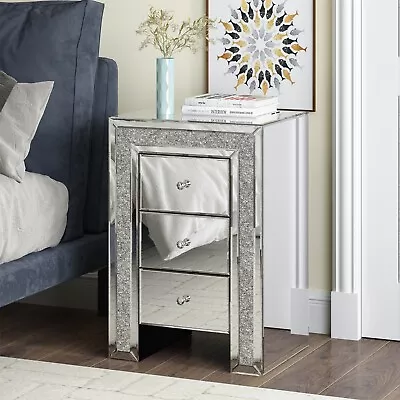 Mirrored Nightstand With 3 Drawers Silver Mirror Finished Crystal Bedside Table • $359.99