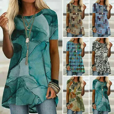 $14.65 • Buy Women Summer Long Print Tunic Tops Ladies Short Sleeve Blouse T Shirt Plus Size