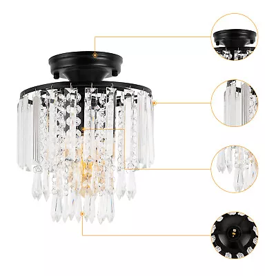 3Tier Crystal Raindrop Chandelier Tassel Round Ceiling Light Black Crystal Light • $31