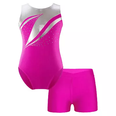 UK Kids Girls Metallic Shiny Ballet Gymnastics Sleeveless Leotard And Shorts Set • £15.49