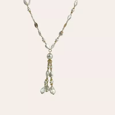 VTG? Gold Tone Faux Pearl Costume Jewelry Long Tassel Pendant Statement White • $15.29